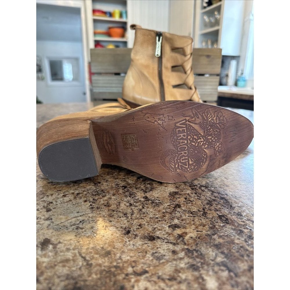 Women’s Tan Cutout Ankle Booties - Stylish Low Block Heel - Picture 4 of 8